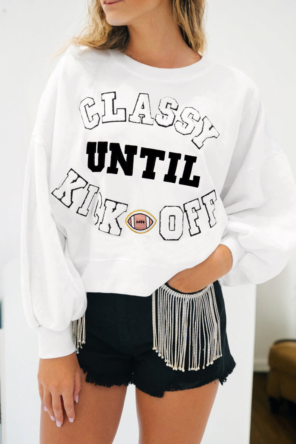 CLASSY UNTIL KICKOFF Plush Letter Patched Loose Sweatshirt