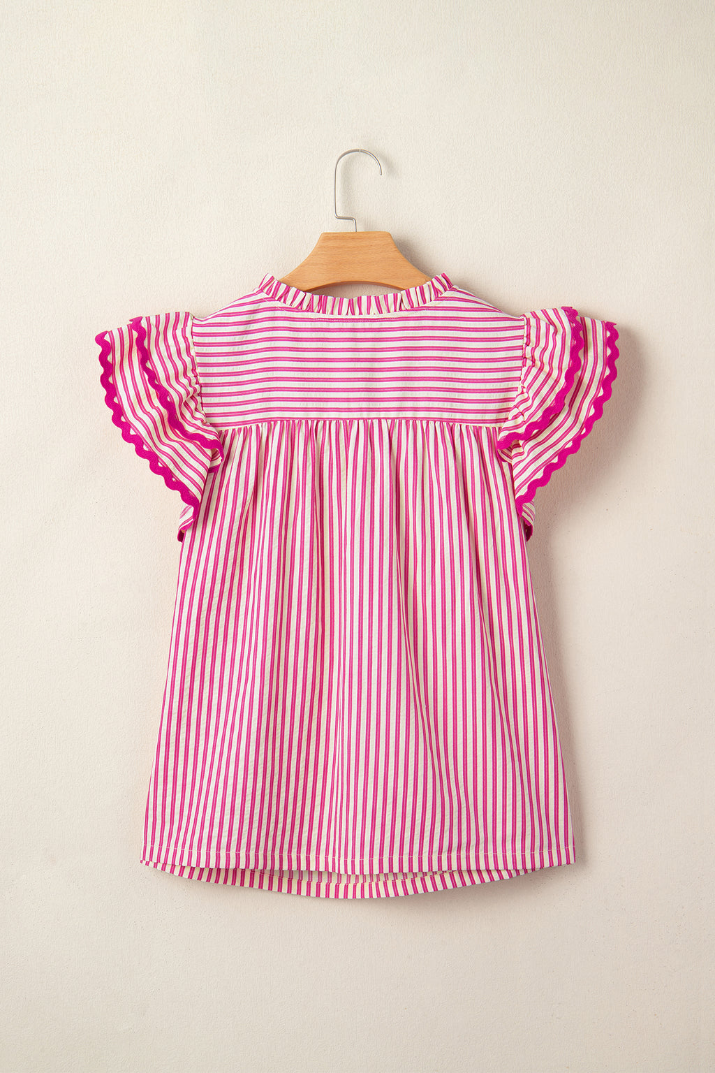 Rose Stripe Shirred Yoke Ruffled Short Sleeve Blouse