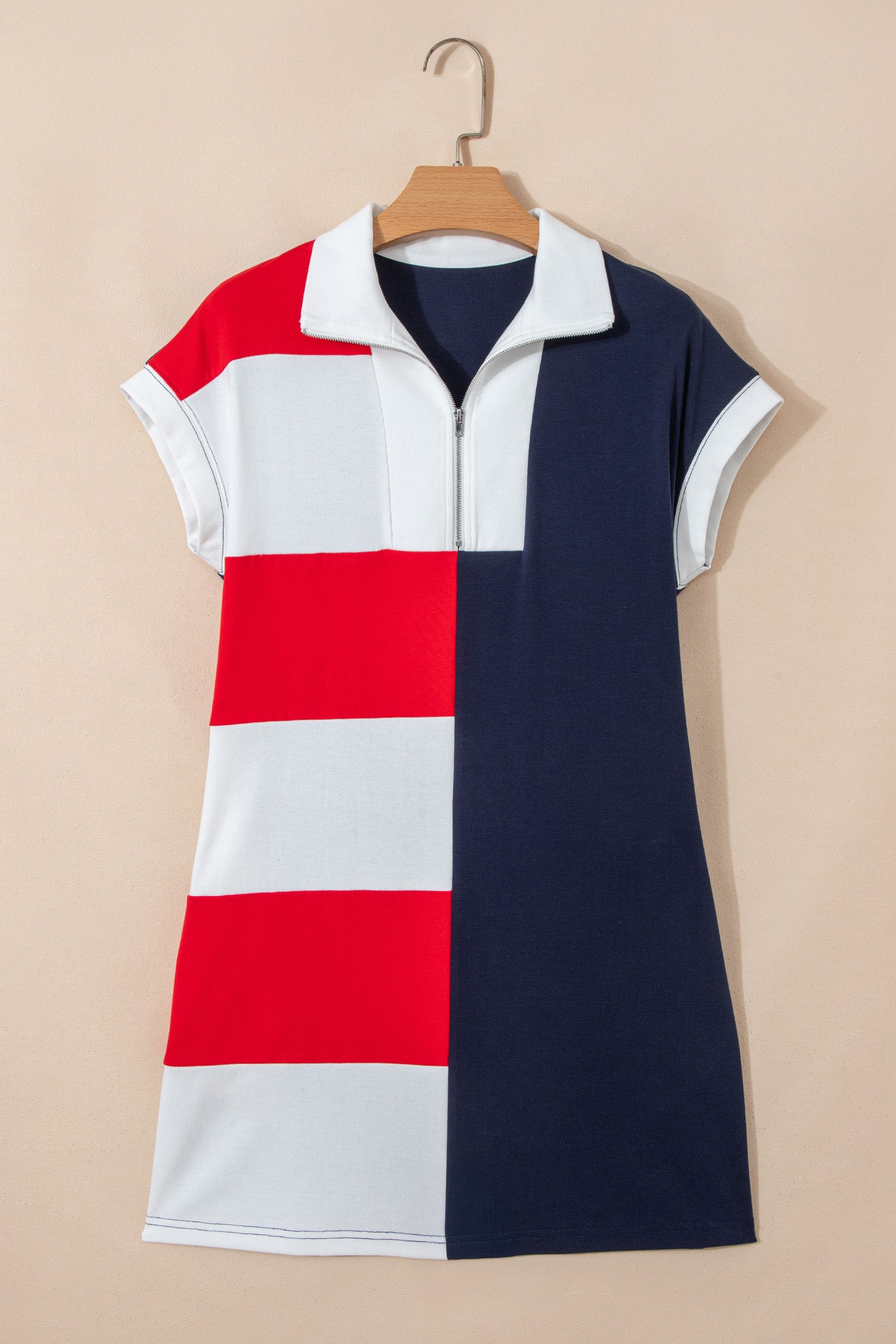 Navy Blue Americana Colorblock Stripes Zip up Collared T Shirt Mini Dress