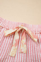 Light Pink Floral Trim Ribbon Knot Striped Casual Shorts
