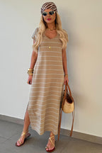 Khaki Stripe Casual Short Sleeve Side Slit Maxi T Shirt Dress