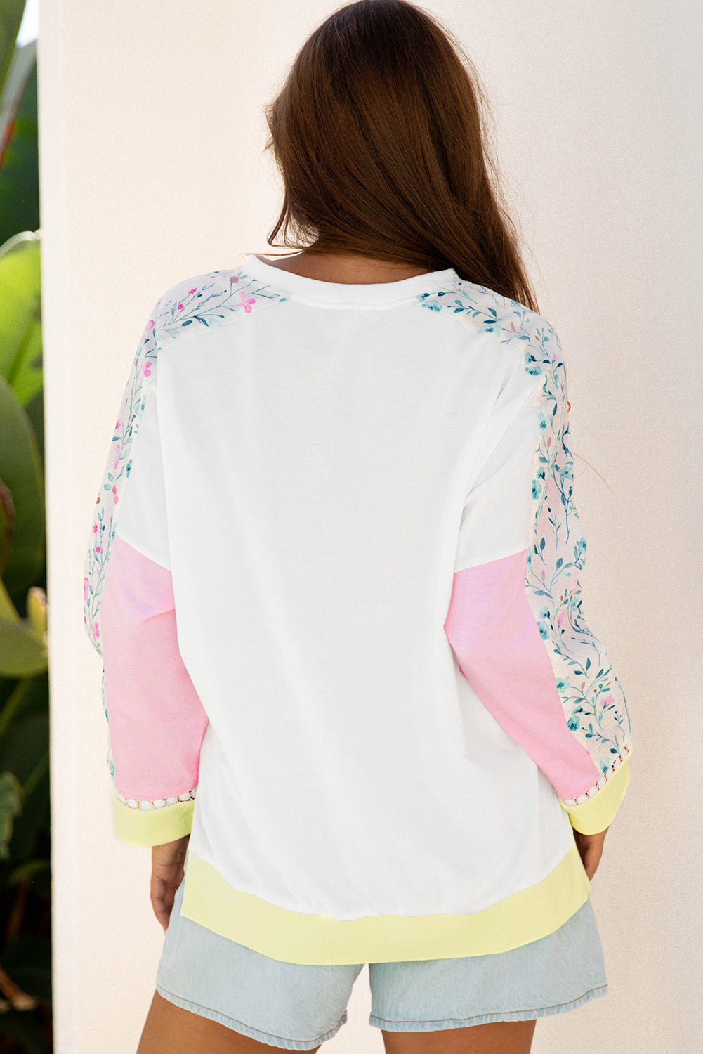 Floral Colorblock Patchwork Chest Pocket Notched Neck Long Sleeve Top
