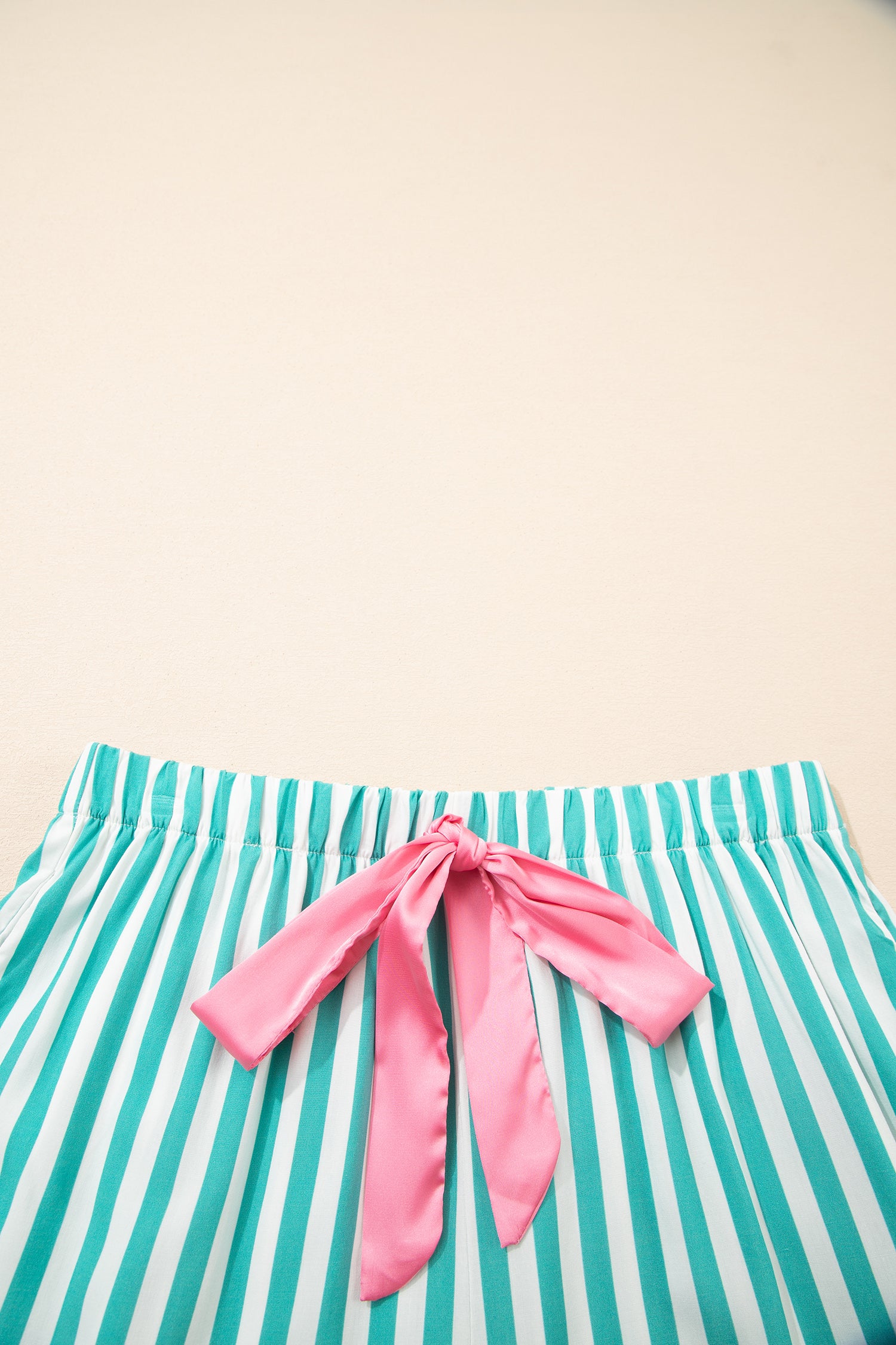 Green Stripe Contrast Ricrac Trim Long Sleeve Shirt Drawstring Ruffled Pyjama Short Set