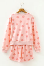 Polka Dot Print Drop Shoulder Pullover Drawstring Shorts Set