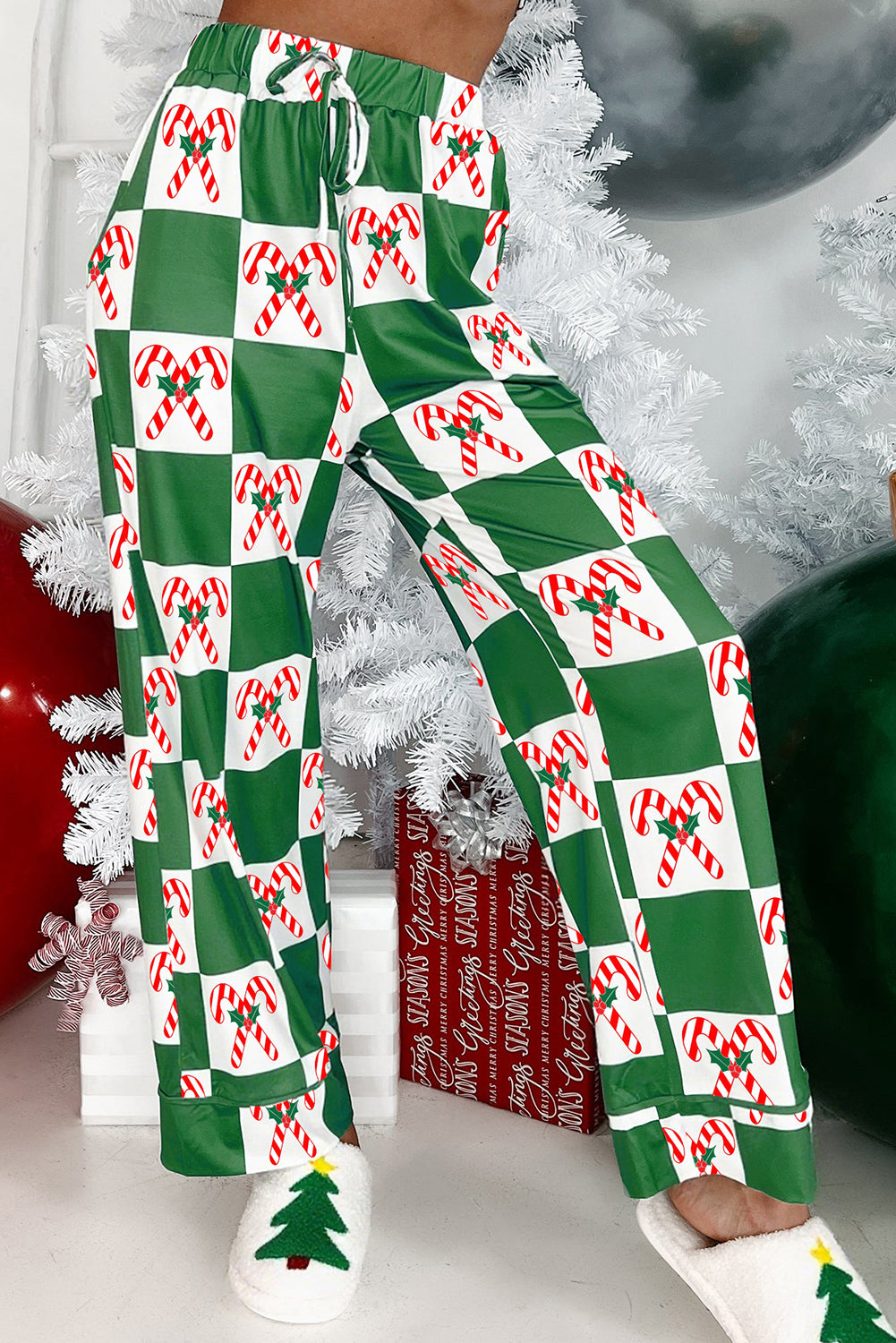 Green Holly Jolly Checkered Pattern 2pcs Long Pyjama Set