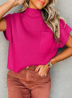 Dark Blue Patch Pocket Ribbed Knit Short Sleeve Sweater