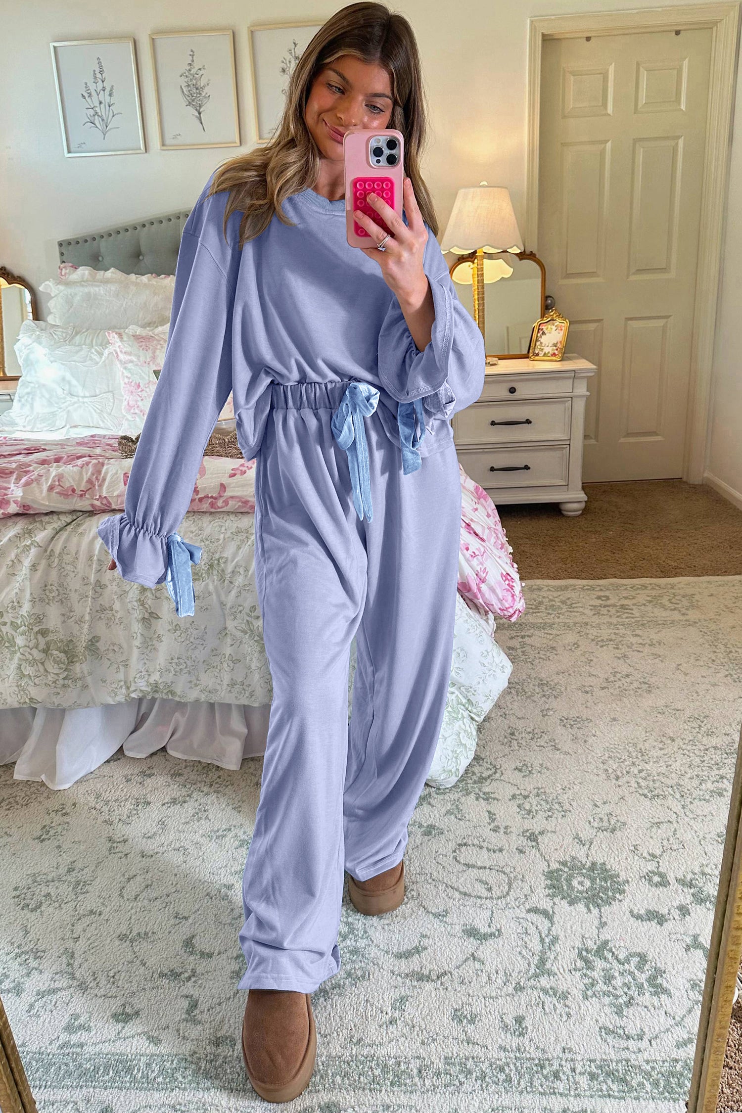Beau Blue Flounce Long Sleeve Top Drawstring Pants Contrast Velvet Bow Knot 2pcs Lounge Set