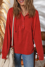 Racing Red Twist Ribbed Half Button Collared Drawstring Pullover Top