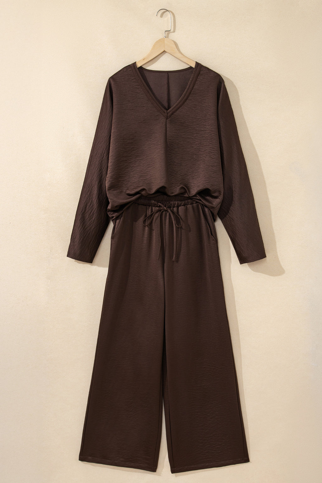 Dark Brown Braided V Neck Long Sleeve Loose Top and Drawstring High Waist Pants 2pcs Outfit