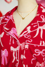 Red Sweet Bow Print Ruffled Short Sleeve Shirt Shorts 2pcs Pyjama Set