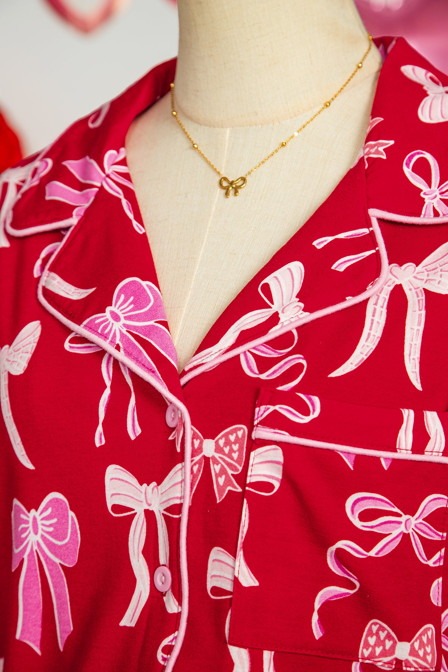 Red Sweet Bow Print Ruffled Short Sleeve Shirt Shorts 2pcs Pyjama Set