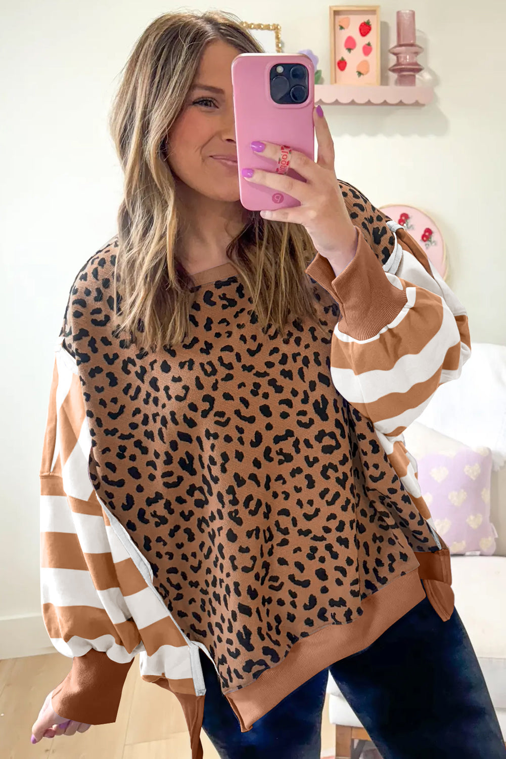 Purple Stripe Color Block Patchwork Leopard Casual Sweatshirt with Slits