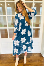 Blue Floral Print Shirt Collar V Neck 3/4 Sleeve Shift Midi Dress