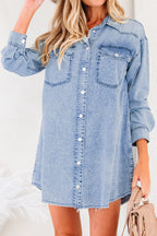Chest Pocket Raw Hem Denim Loose Shirt Dress