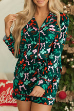 Green Festive Bow Print Long Sleeve Shirt and Pyjama Short Set