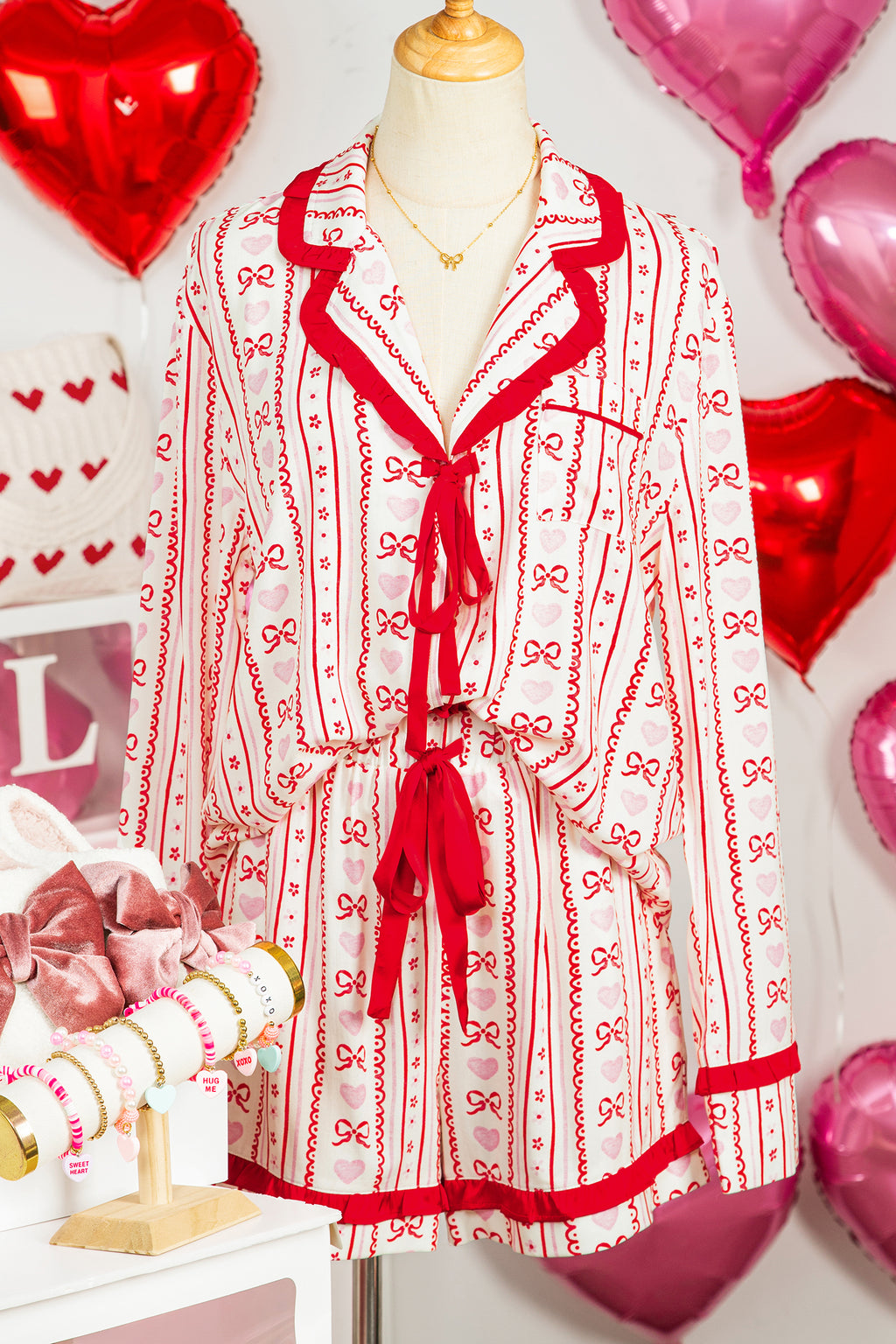 Red Sweet Floral Heart Bow Print Contrast Trim Long Sleeve Shirt Pyjama Short Set