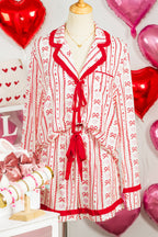 Red Sweet Floral Heart Bow Print Contrast Trim Long Sleeve Shirt Pyjama Short Set