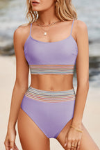 Striped Patchwork Spaghetti Strap High Waist Bikini Swimsuit