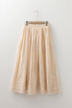 Oatmeal Embroidered Mesh Overlay Flowy Long Skirt