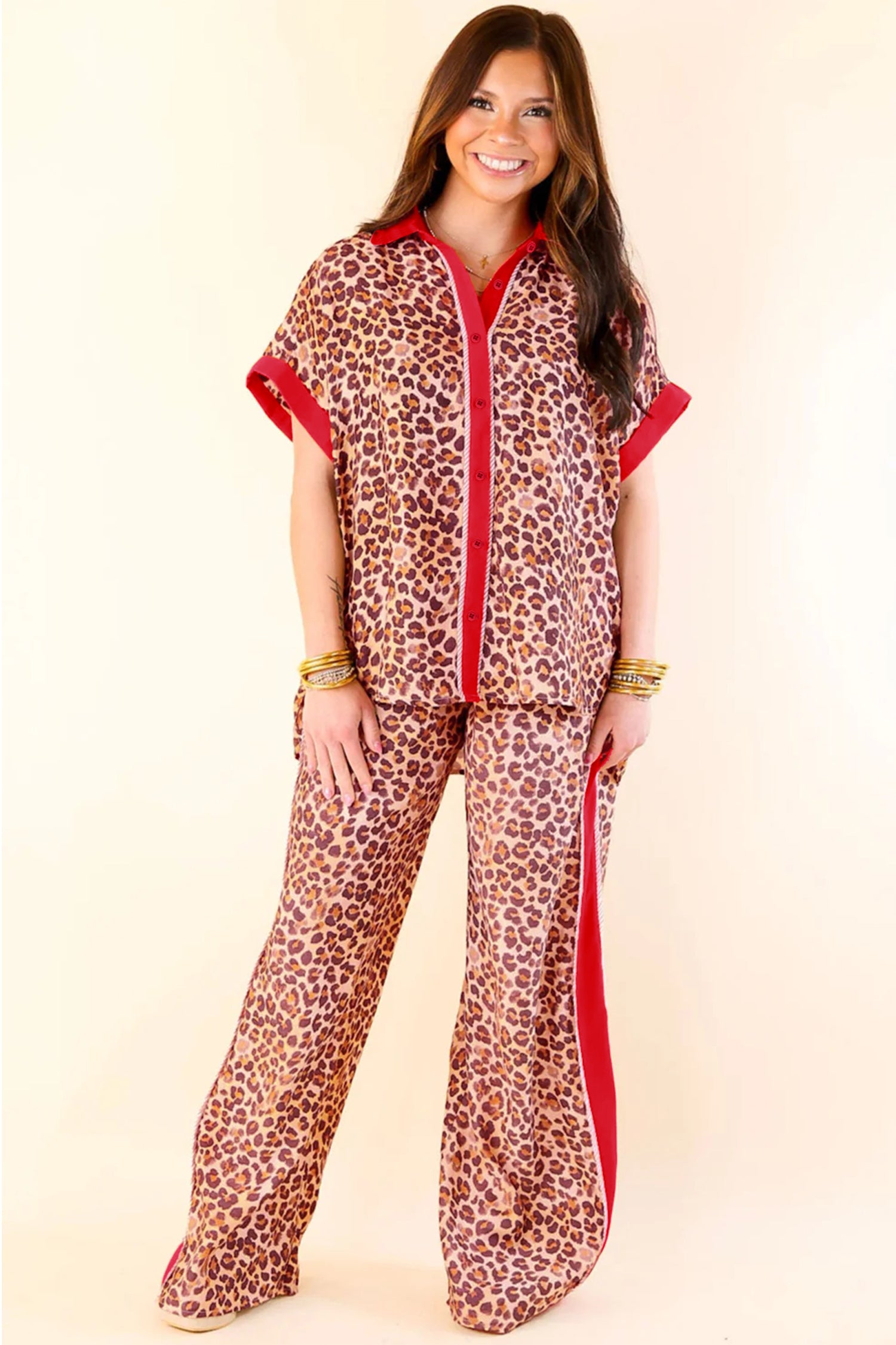 Contrast Trim Leopard Top and Pant Set