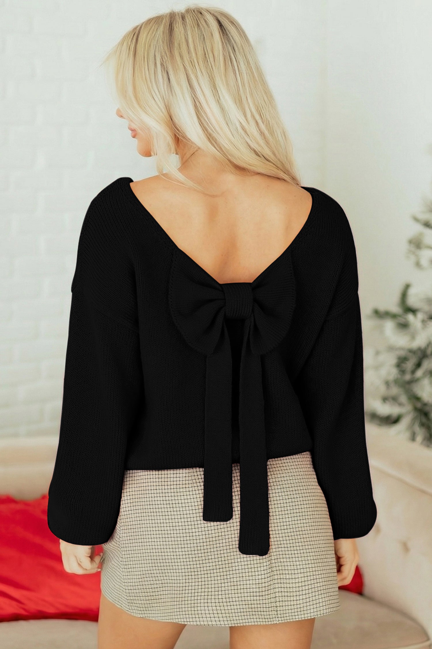 Festive Bow Backless Bubble Sleeve Sweater