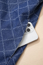 Sail Blue Rhombus Textured Collar Buttoned V Neck Denim Sleeveless Mini Dress