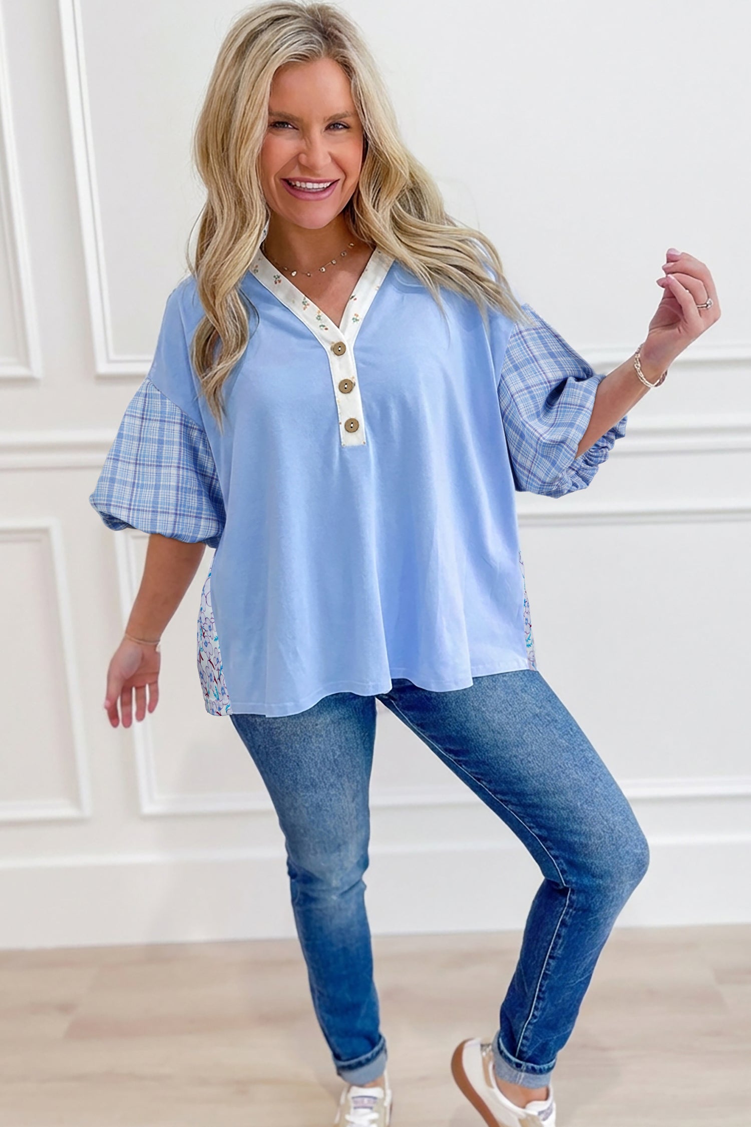 Beau Blue Color Block Plaid Bubble Sleeve Patchwork Blouse