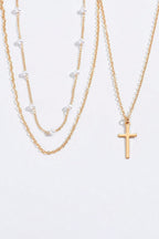 Gold Plated Cross Pendant Pearl Decor Triple Layer Chain Necklace