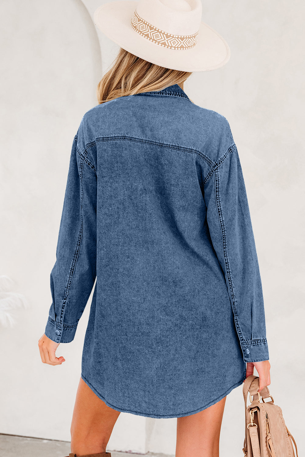 Chest Pocket Raw Hem Denim Loose Shirt Dress