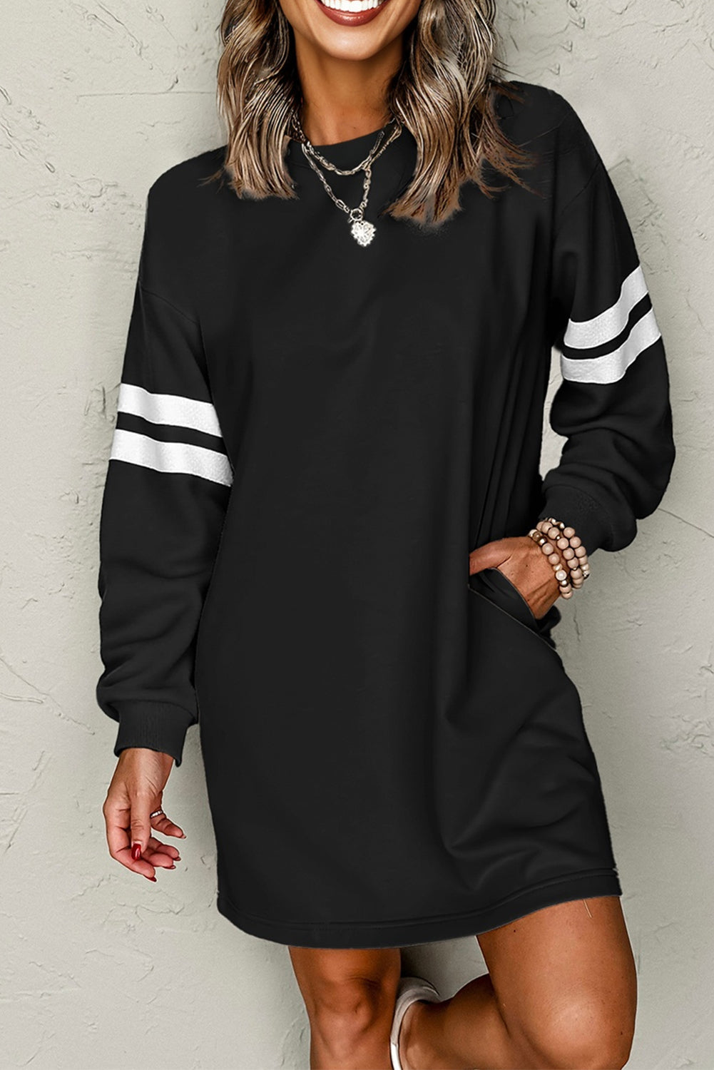 Sky Blue Varsity Contrast Banded Sleeve Shift Sweatshirt Dress