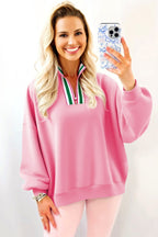 Contrast Striped Patchwork Zip Collar Pullover Sweatshirt