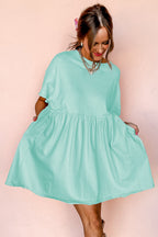 Moonlight Jade Solid Color Pocketed Raw Edge Babydoll Dress