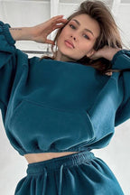 Peacock Blue Cozy Hooded Sweatshirt Drawstring Elastic Waistband Cargo Pant Set