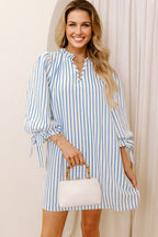 Sky Blue Stripe Knotted Bracelet Sleeve Notched Neck Shift Mini Dress