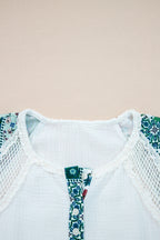 White Plant Mesh Patched Color Block Half Button Blouse