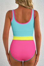 Textured Color Block Patchwork One Piece Swimsuit
