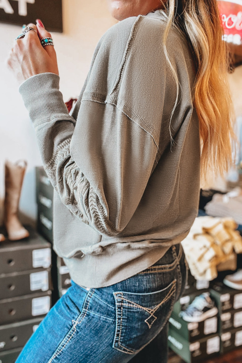 Parchment Aztec Embroidered Western V Neck Sweatshirt