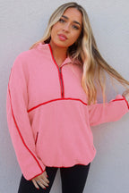 Strawberry Pink Sherpa Contrast Faux Leather Trim Half Zip Pocketed Pullover Sweatshirt