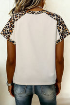 Beige Leopard Patchwork Half Button Short Sleeve Top