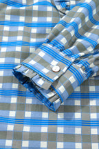Sky Blue Plaid Long Sleeve Frilled Detail Half Button Blouse