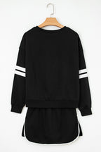 Navy Blue Varsity Stripe Detail Drop Shoulder Pullover Mini Skirt Set