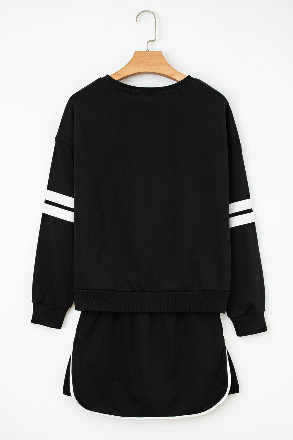 Navy Blue Varsity Stripe Detail Drop Shoulder Pullover Mini Skirt Set
