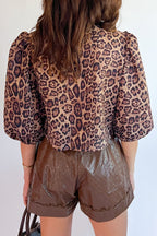 Brown Leopard Bow Tie Puff Sleeve Blouse