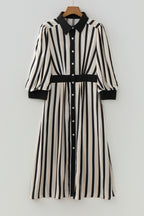 Black Stripe 3/4 Puff Sleeve Shirt Style Button Down Midi Dress