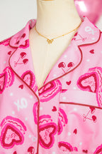 Pink Sweet Heart Cake Print Contrast Ruffle Trim Valentines 2pcs Pyjama Set