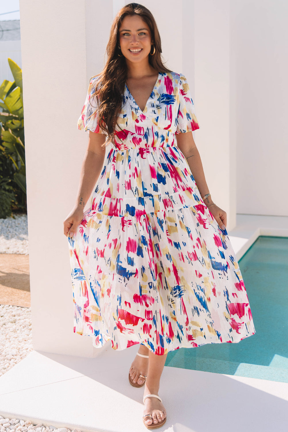 Abstract Print Short Puff Sleeve Tiered Maxi Dress