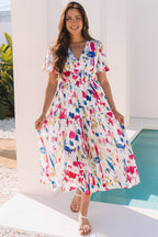 Abstract Print Short Puff Sleeve Tiered Maxi Dress