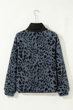 Blue Cow Print Buttoned Stand Collar Fleece Jacket