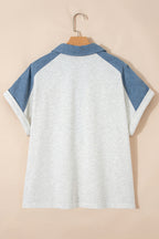 Beige Plus Size Contrast Denim Patchwork Cuffed Sleeve Polo Tee