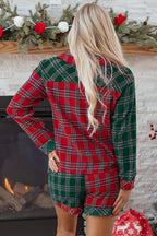 Plaid Contrast Patched Christmas Holiday Long Sleeve Shirt and Short 2pcs Pajama Set